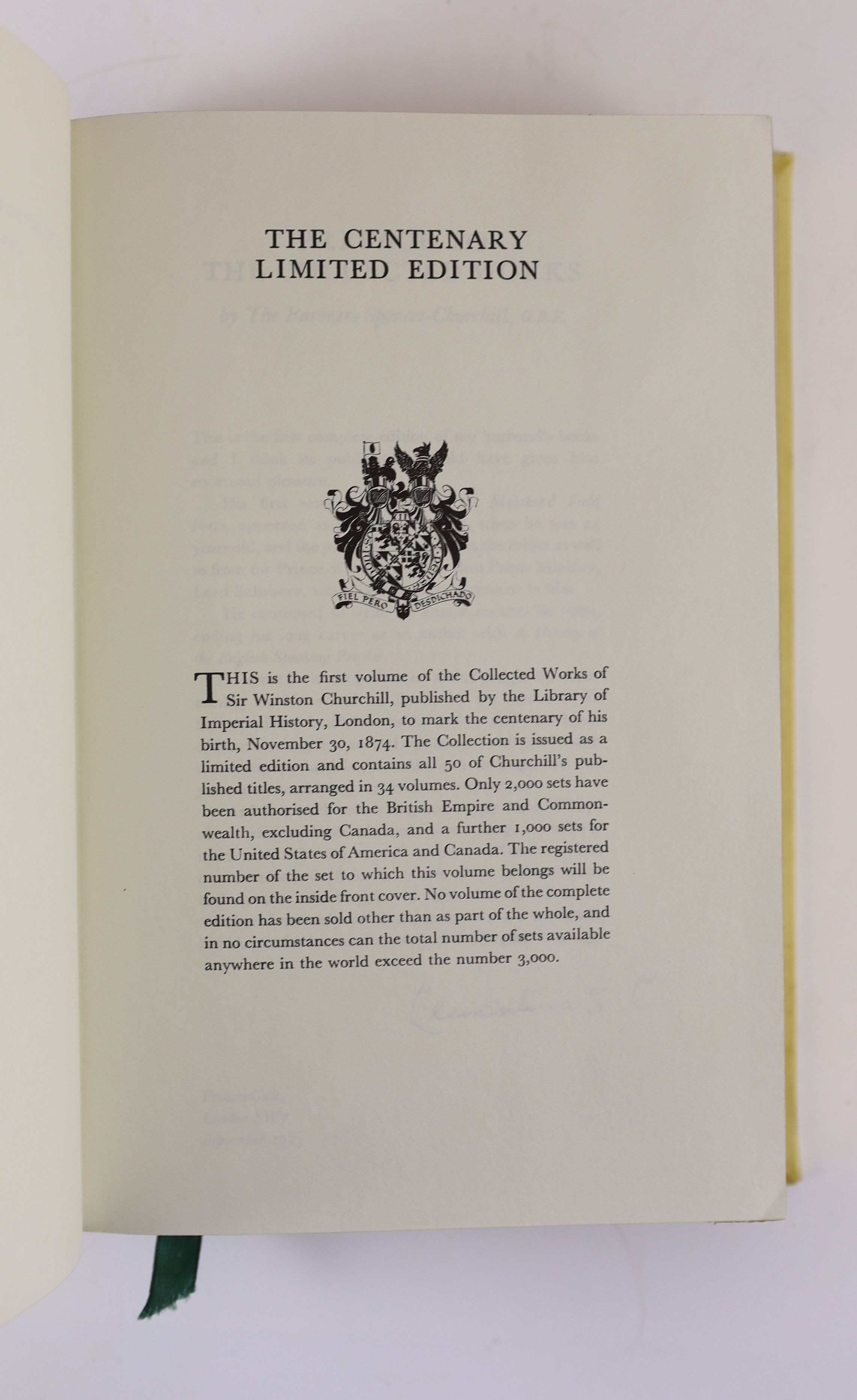 Churchill, Winston Spencer (1874-1965). The Collected Works ... Centenary Edition. London: Library of Imperial History, 1973-1975. Limited edition, number 373. The centenary edition was to be published with a limitation
